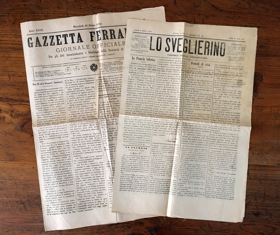 Lo Sveglierino (6 ottobre 1873). Gazzetta ferrarese (18 marzo 1874).