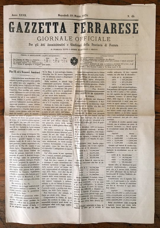 Lo Sveglierino (6 ottobre 1873). Gazzetta ferrarese (18 marzo 1874).