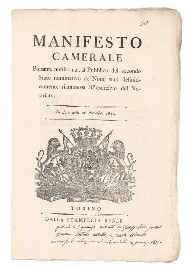 Lotto di due bandi. Manifesto camerale portante notificanza al Pubblico …