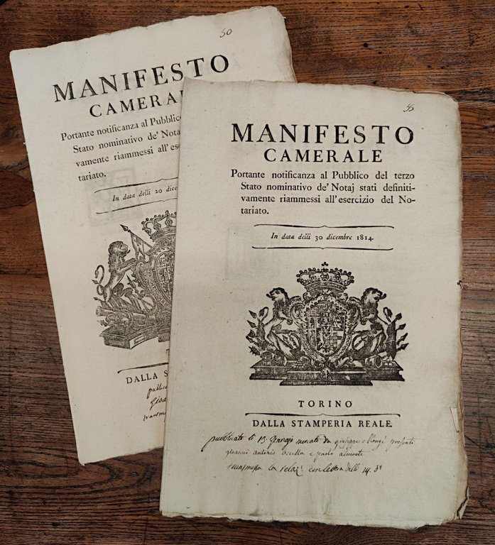 Lotto di due bandi. Manifesto camerale portante notificanza al Pubblico …