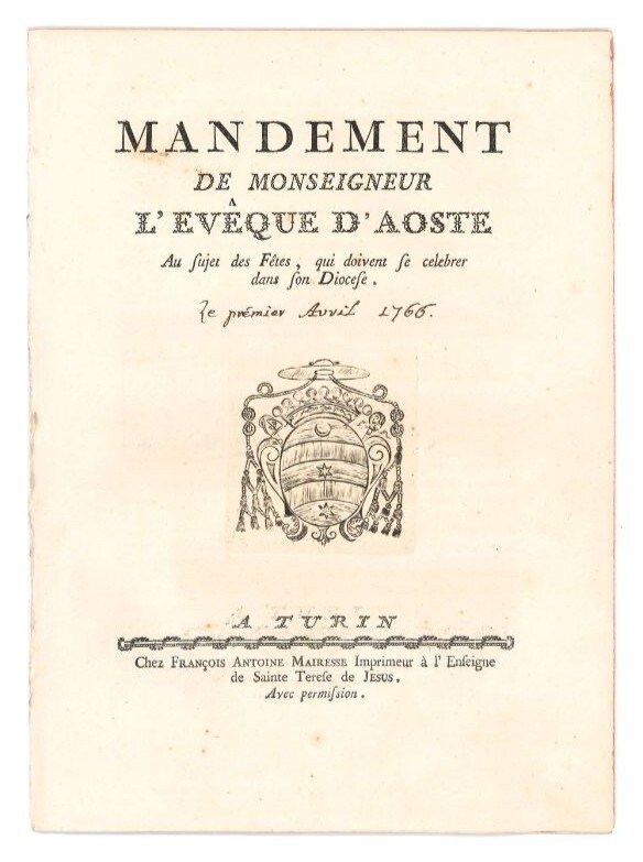 Mandement de Monseigneur l'eveque d'Aoste au sujet des Fetes, qui …
