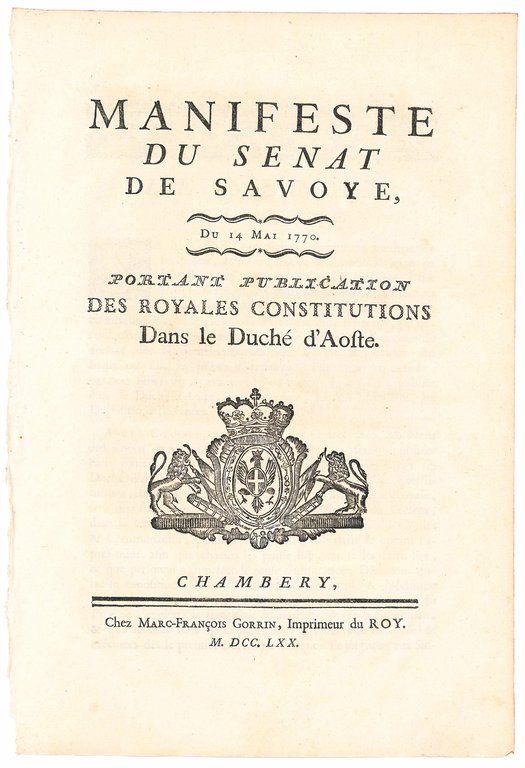 Manifeste du Senat du Savoye, du 14 Mai 1770. Portant …
