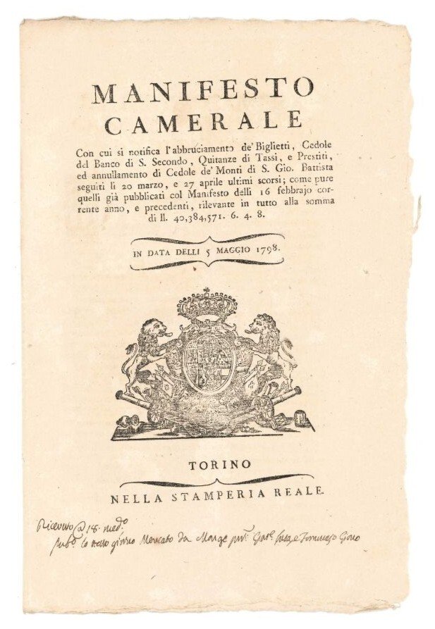 Manifesto camerale con cui si notifica l'abbruciamento de' Biglietti, Cedole …