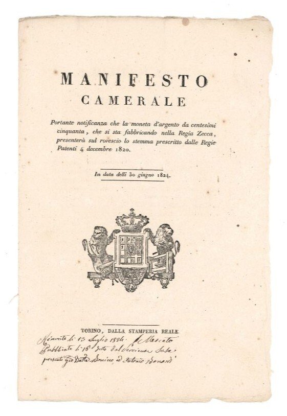 Manifesto camerale portante notificanza che la moneta d'argento da centesimi …