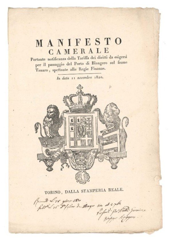 Manifesto camerale portante notificanza della Tariffa dei diritti da esigersi …
