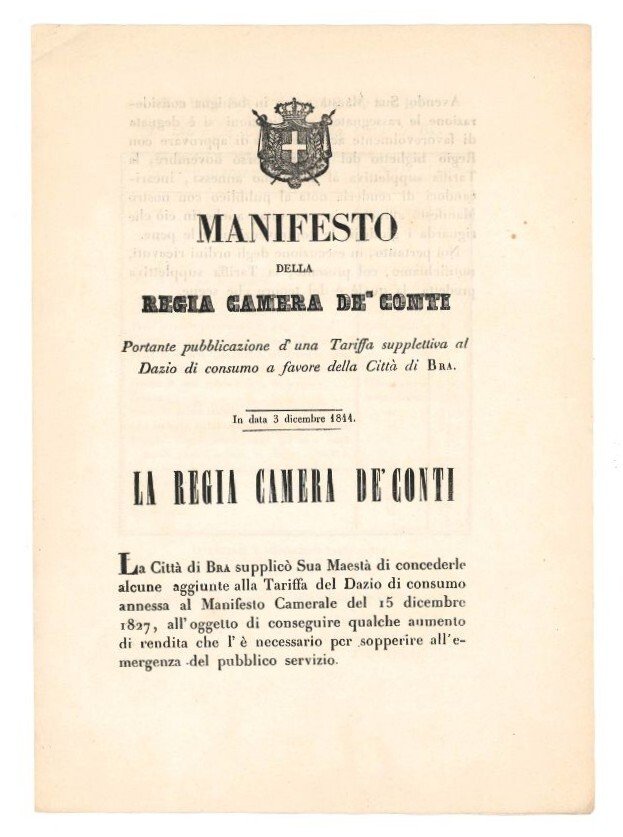 Manifesto della Regia Camera de' Conti portante pubblicazione d'una Tariffa …