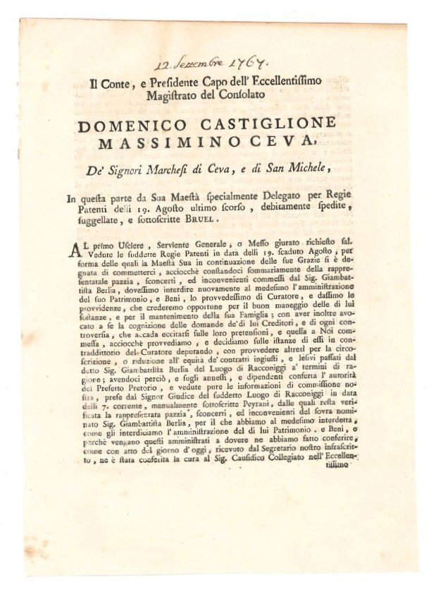 Manifesto di regie patenti. Il Conte, e Presidente Capo dell'Eccellentissimo …