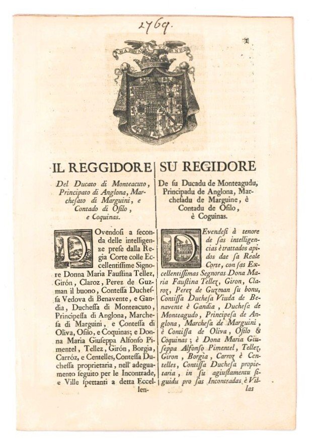 Manifesto sulle doti alle nubili. Il reggidore del Ducato di …