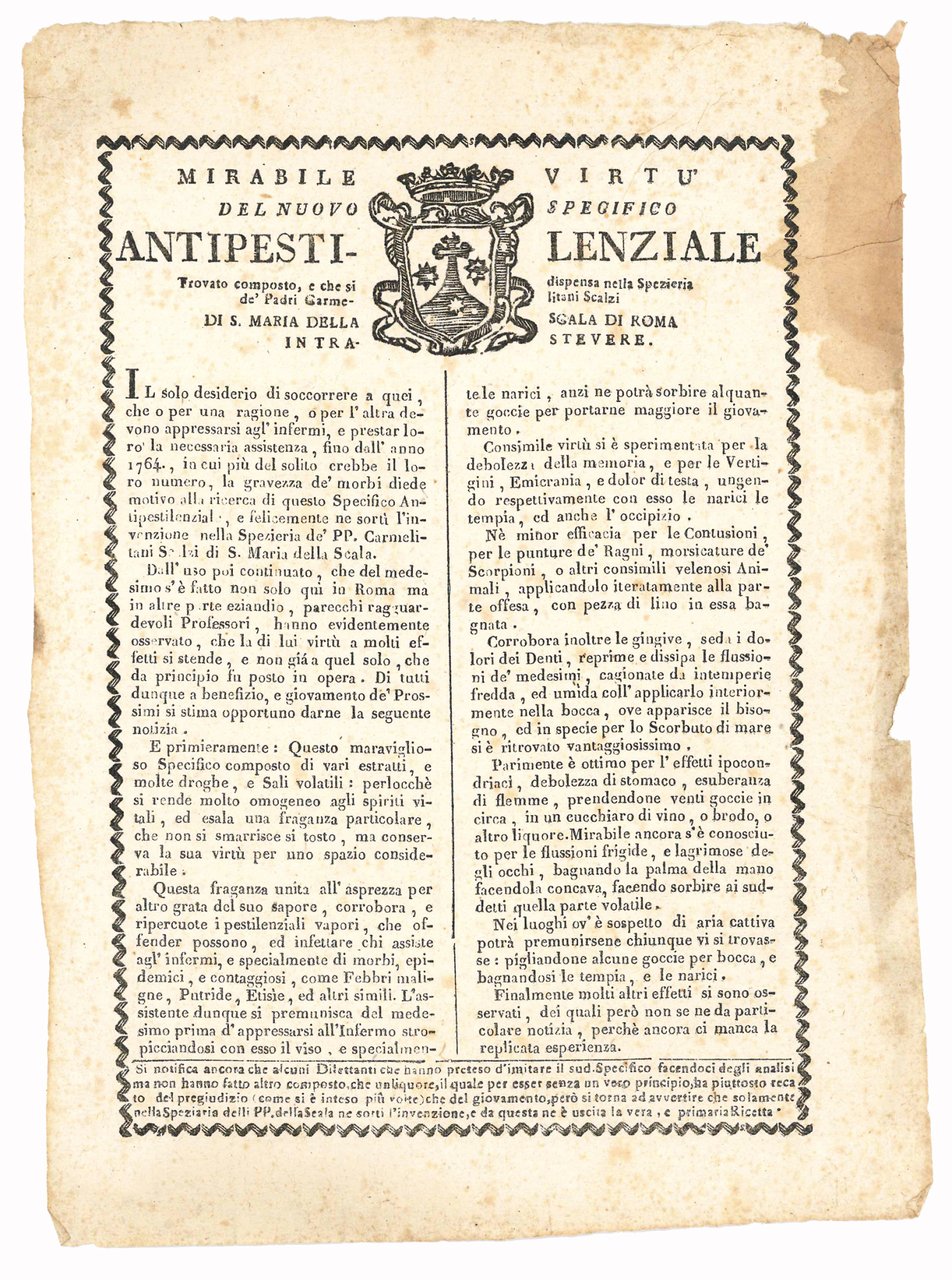 Mirabile virtù del nuovo specifico Antipestilenziale Trovato composto, e che … | Immagine principale
