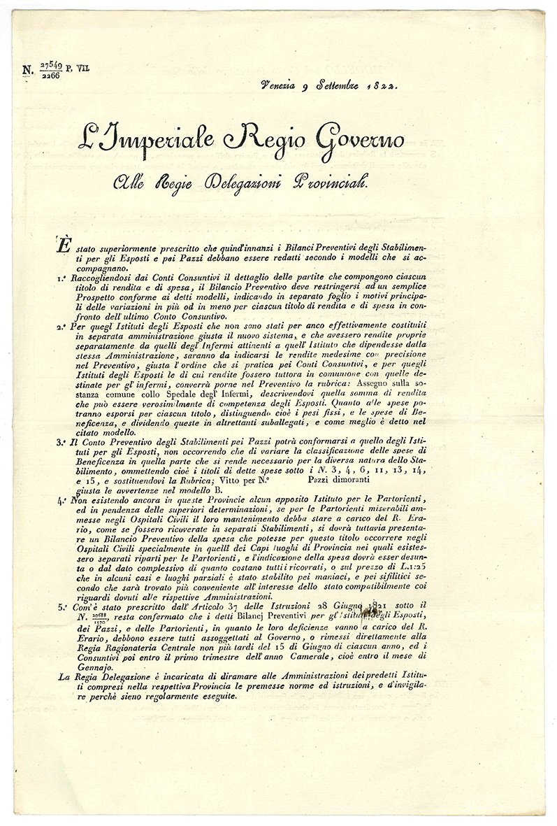 Modello per conto preventivo dello Stabilimento degli Esposti, delle Partorienti, …