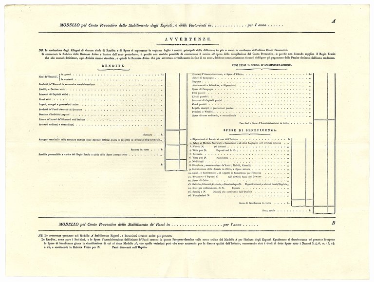 Modello per conto preventivo dello Stabilimento degli Esposti, delle Partorienti, …