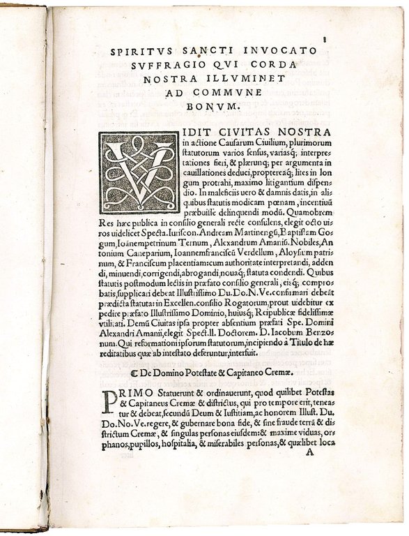 Municipalia Cremae. First colophon (l. S9r): Venice, Aurelio Pinzi, 1536. …