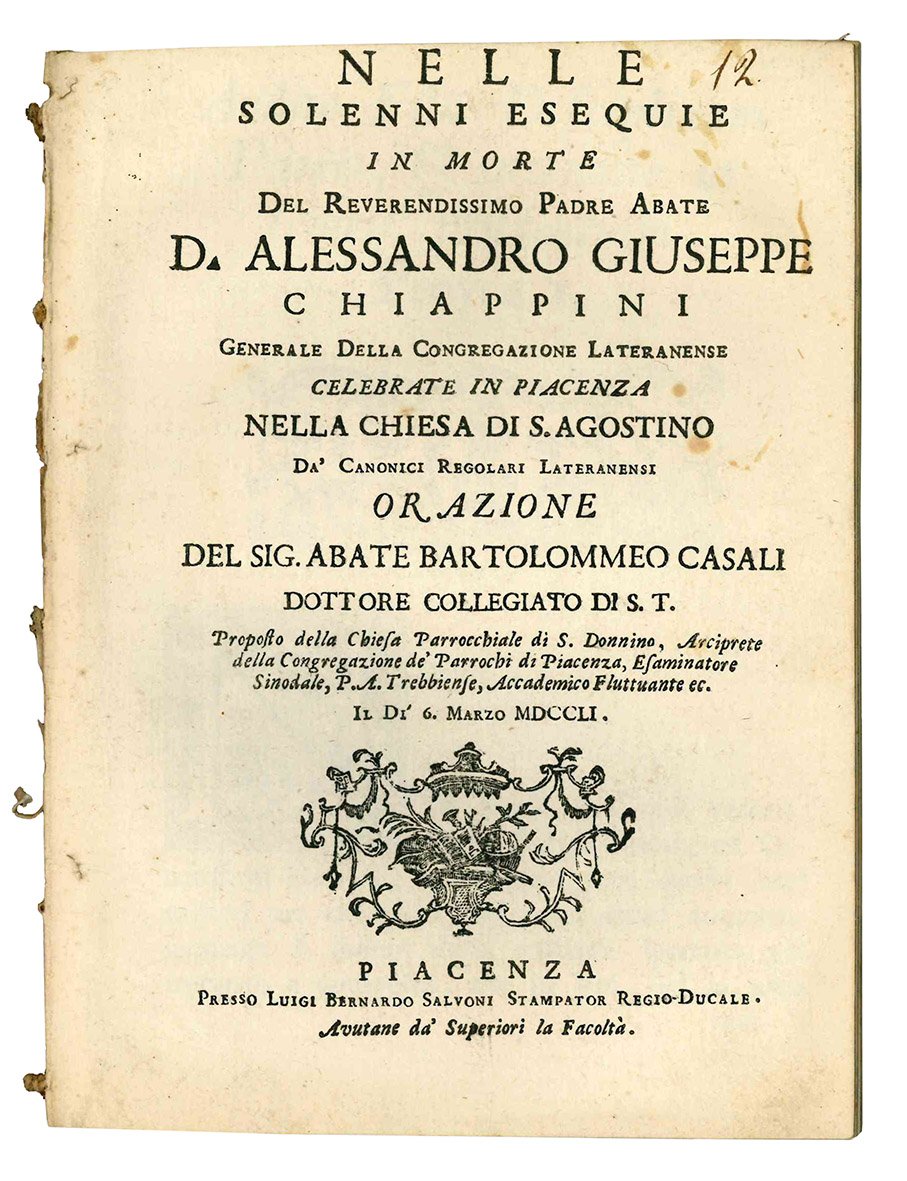 Nelle solenni esequie in morte del Reverendissimo Padre Abate d. …