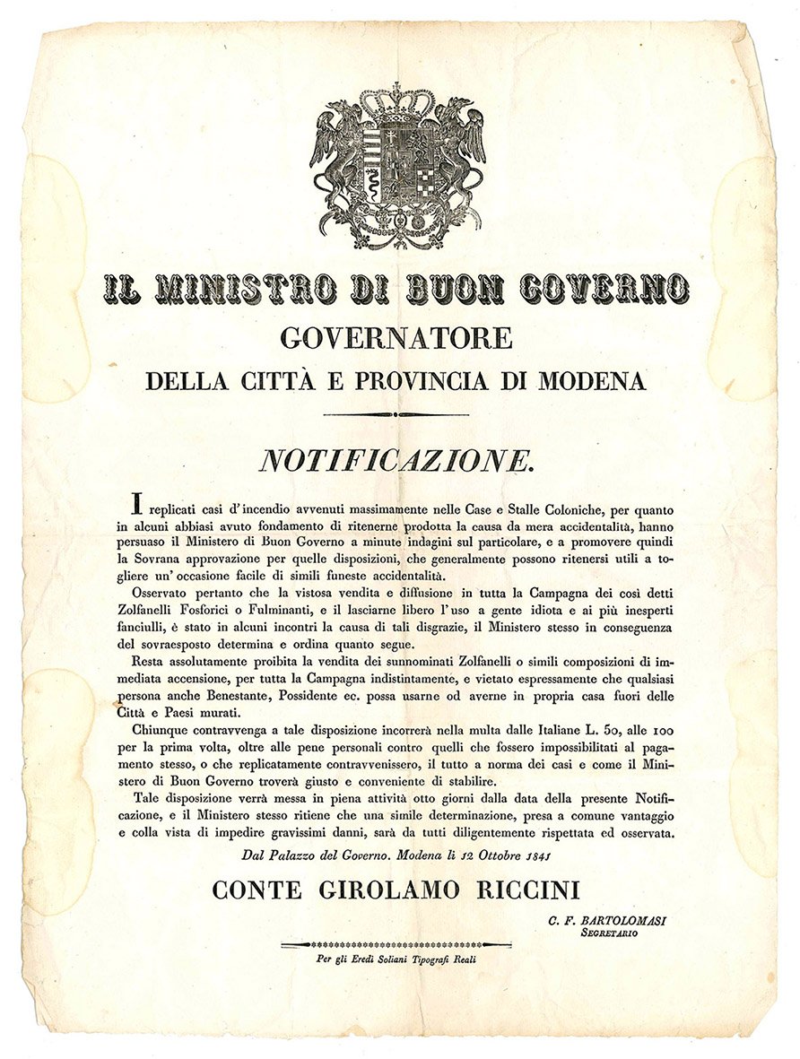 Notificazione del 12 Ottobre 1841, con la quale si fornivano …