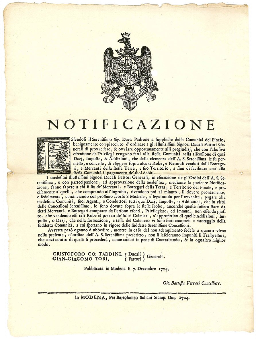 Notificazione del Duca di Modena circa le suppliche della Comunità …