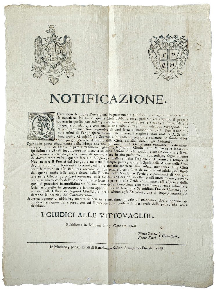 Notificazione. I Giudici delle Vittovaglie. Pubblicata in Modena li 25. …