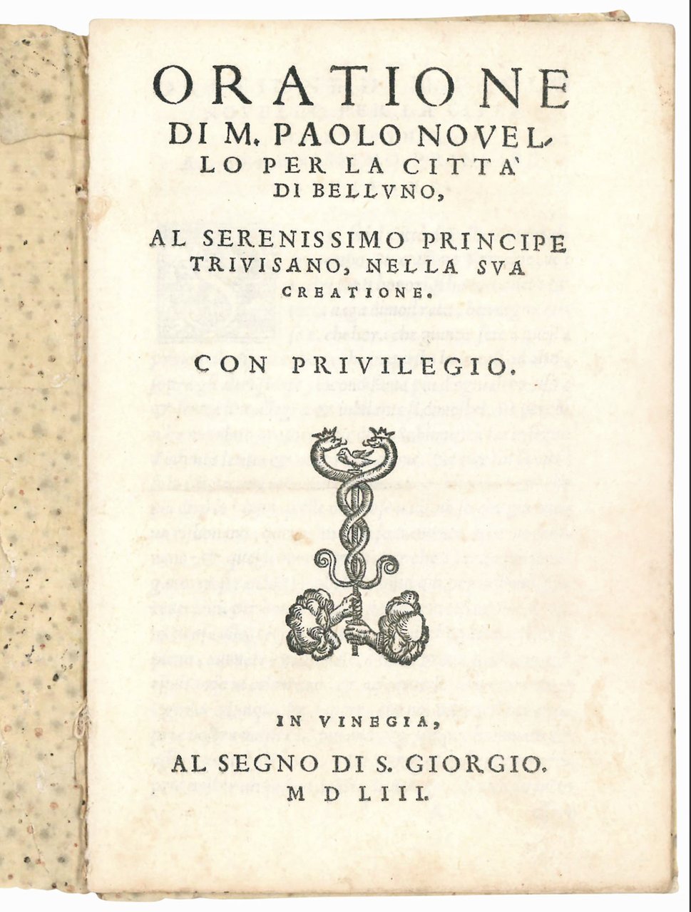 Oratione di M. Paolo Novello per la città di Belluno, …