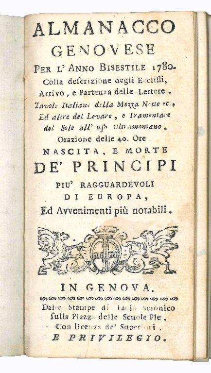 per l'anno bisestile 1780 colla descrizione degli ecclissi, arrivo e …