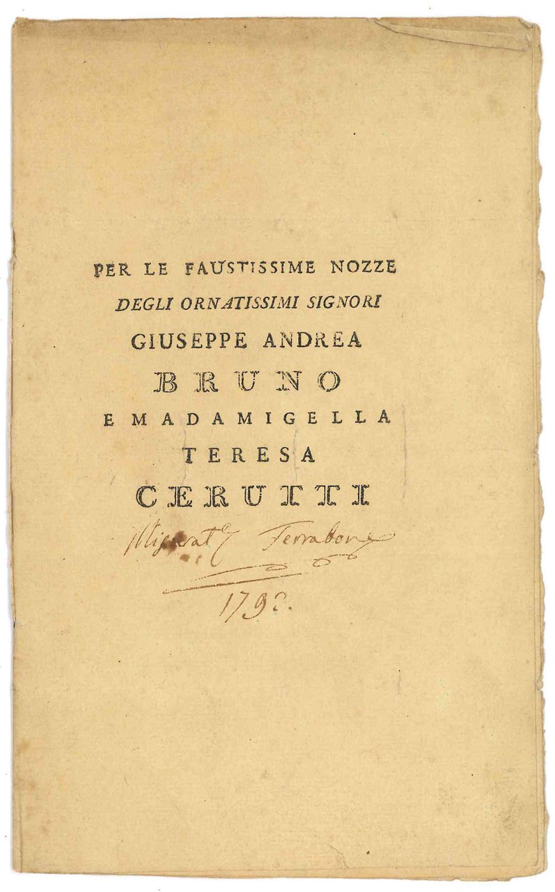 Per le faustissime nozze degli onoratissimi signori Giuseppe Andrea Bruno … | Immagine principale