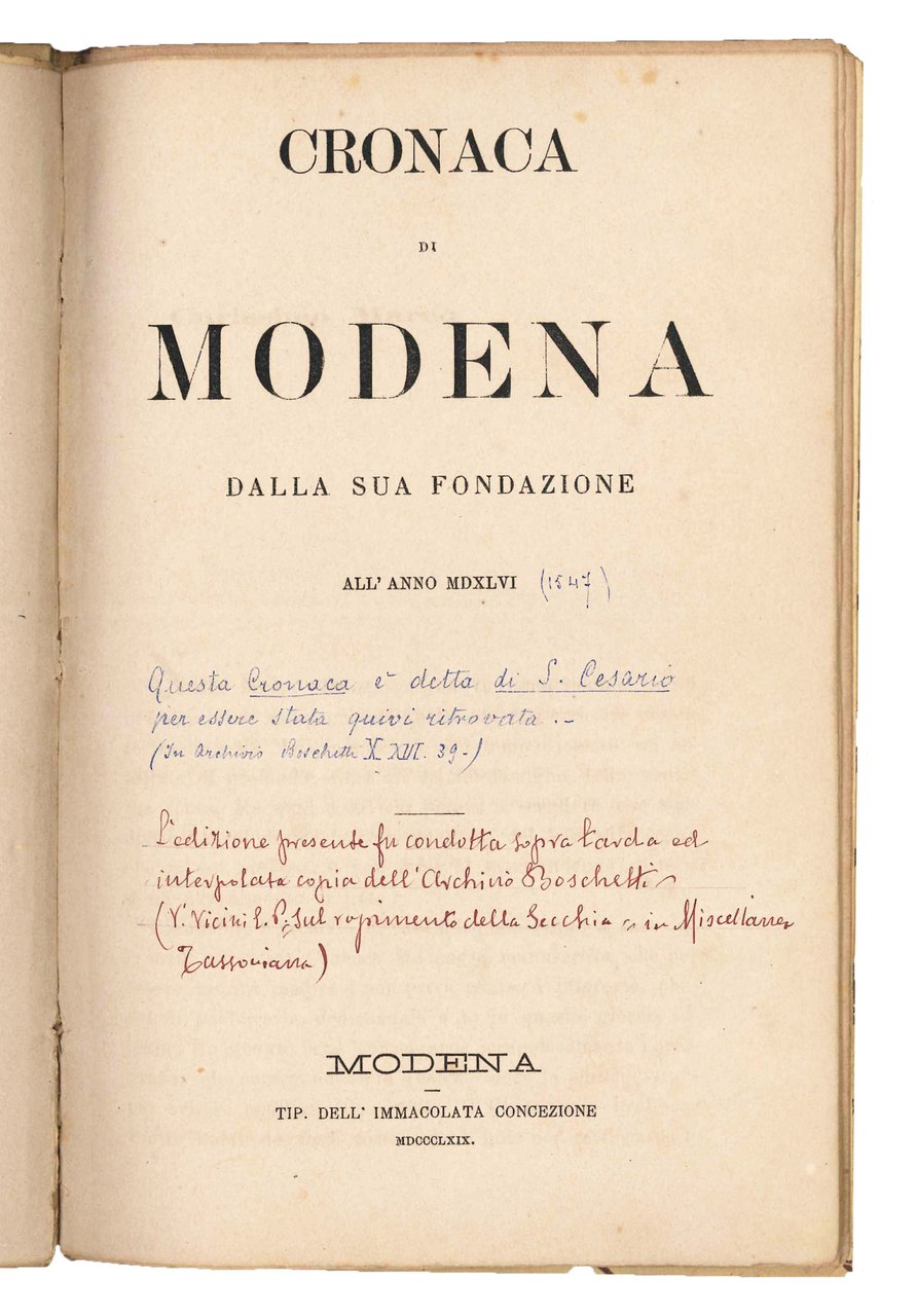 Per le nozze Bentivoglio-Malvezzi. Cronaca di Modena dalla sua fondazione … | Immagine principale