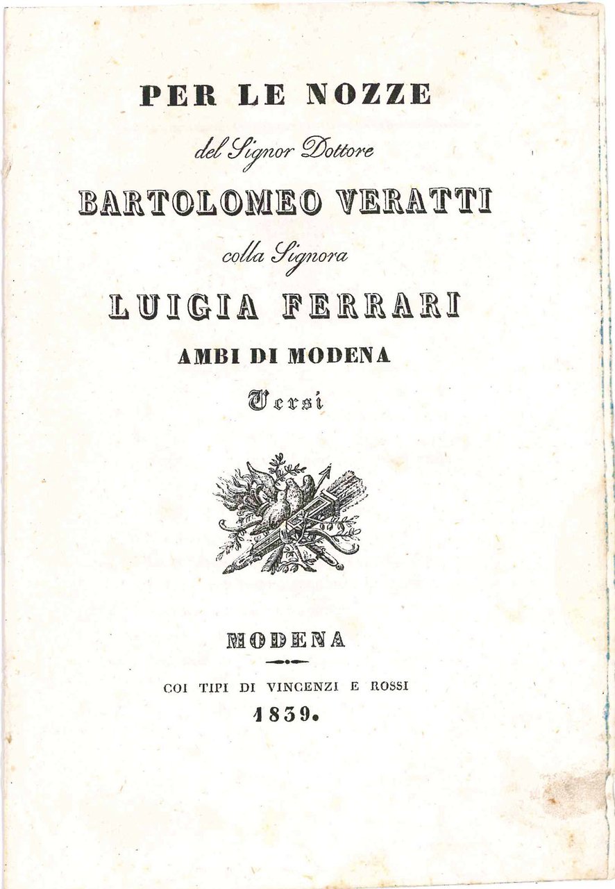 Per le nozze del Signor Dottore Bartolomeo Veratti colla Signora … | Immagine principale
