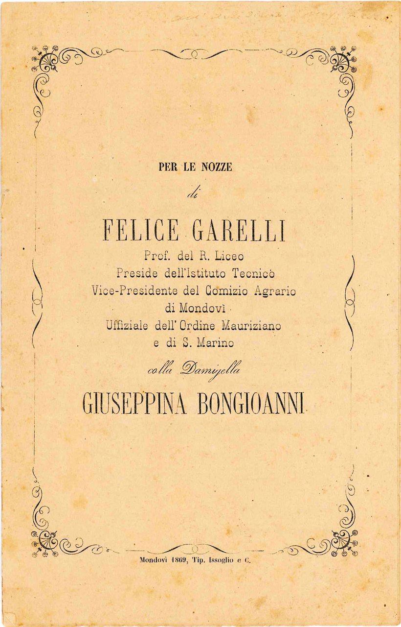 Per le nozze di Felice Garelli, Prof. del R. Liceo, … | Immagine principale