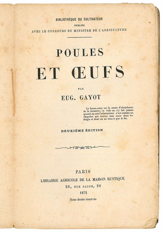 Poules et oeufs. Deuxième édition. Bibliothèque du Cultivateur, publiée avec …