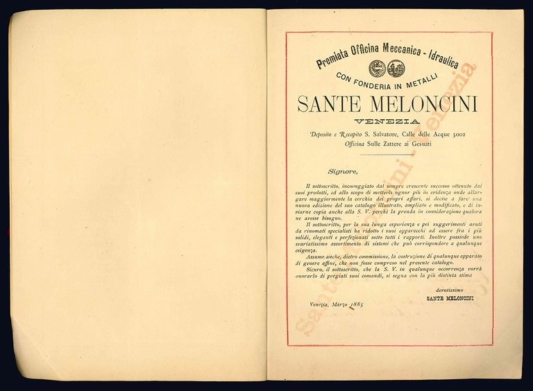 Premiata officina meccanica-idraulica con fonderia in metalli. Catalogo illustrato.