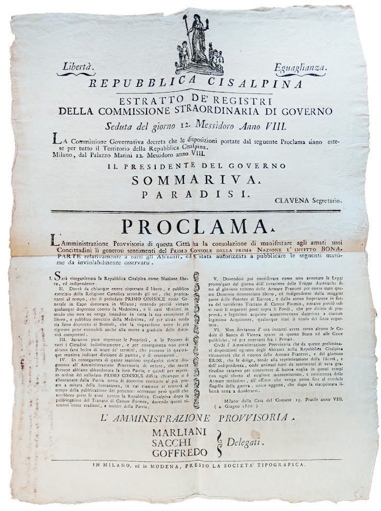 Proclama. L'Amministrazione Provvisoria di questa Città ha la consolazione di …