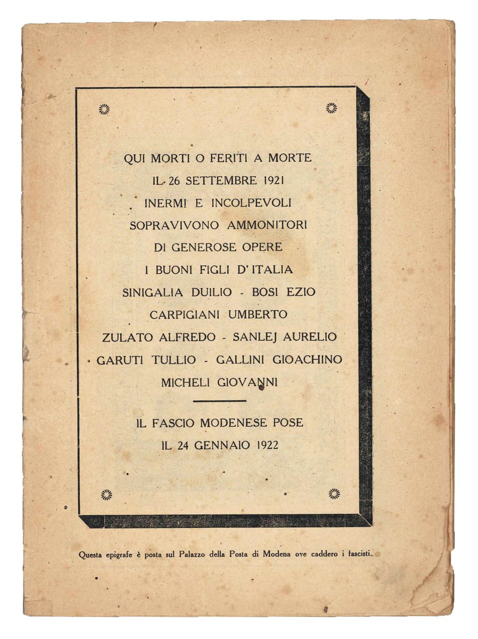 Qui morti o feriti a morte il 26 settembre 1921 … | Immagine principale