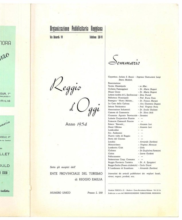 Reggio d'oggi. Anno 1954. Sotto gli auspici dell'Ente Provinciale del …