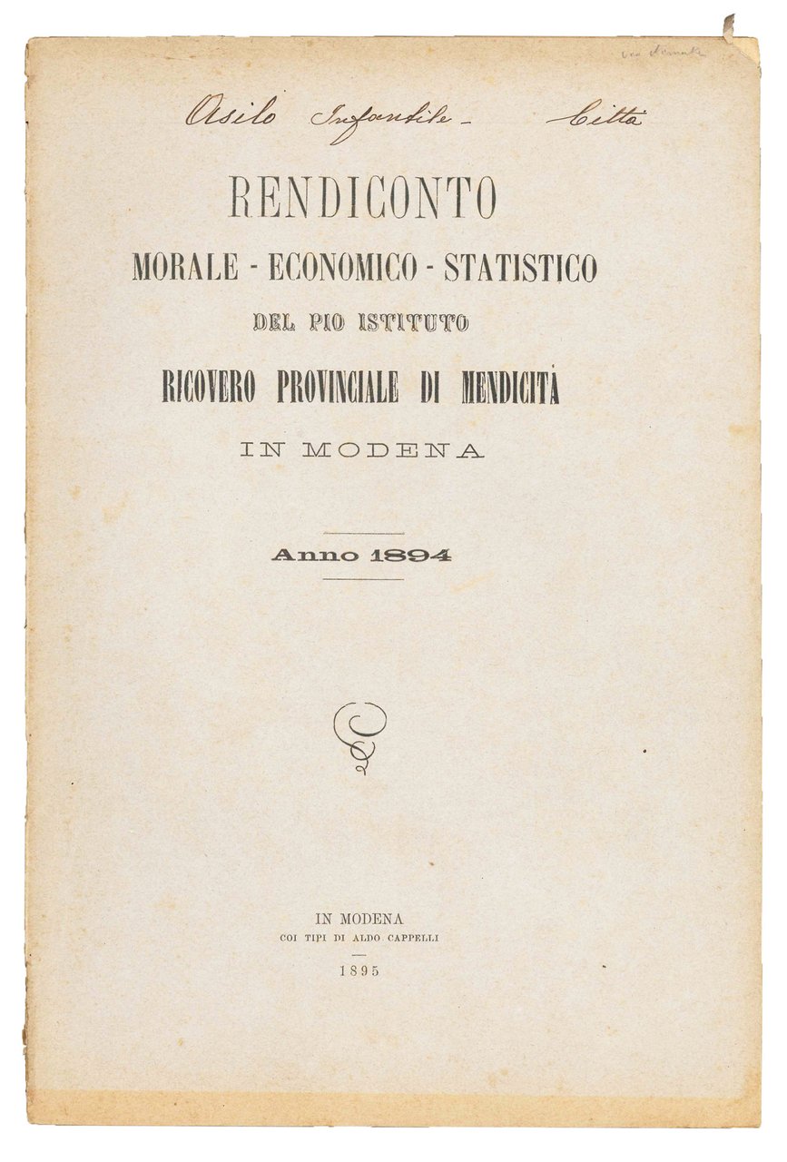 Rendiconto morale economico statistico del Pio istituto Ricovero di mendicità … | Immagine principale
