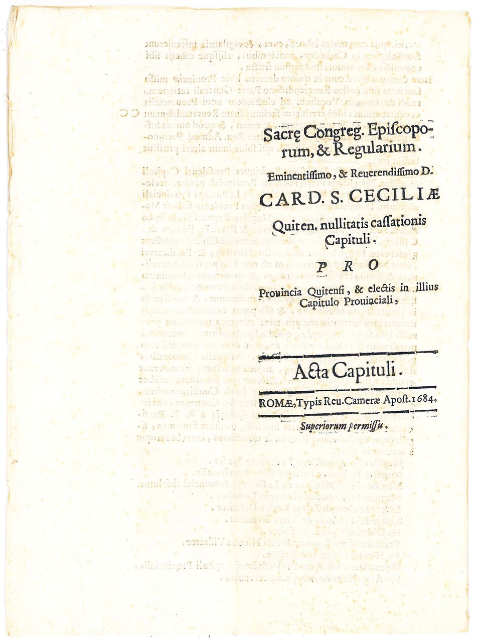 Sacr[a]e Congreg. Episcoporum, &amp; Regularium. Eminentissimo, &amp; Reverendissimo D. Card. …