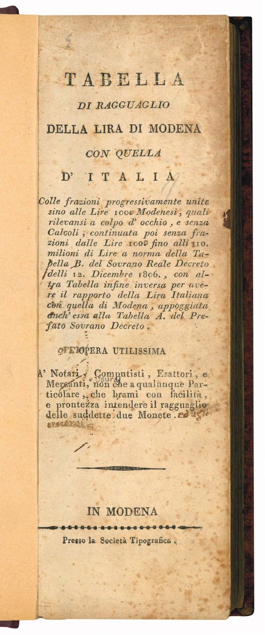 Tabella di ragguaglio della lira di Modena con quella d'Italia …