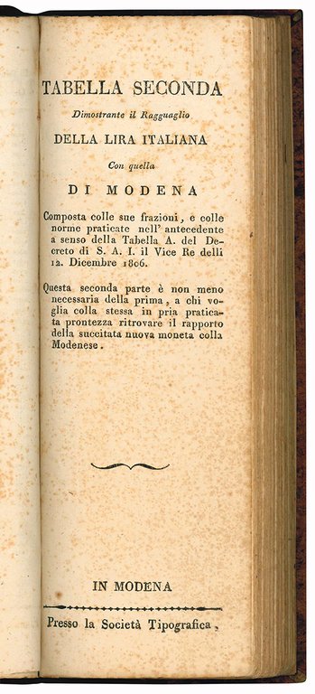 Tabella di ragguaglio della lira di Modena con quella d'Italia …