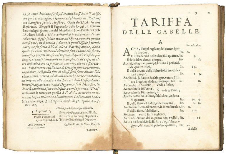 Tariffa delle gabelle, che debbono pagarsi alla Magnifica Dogana, alle …