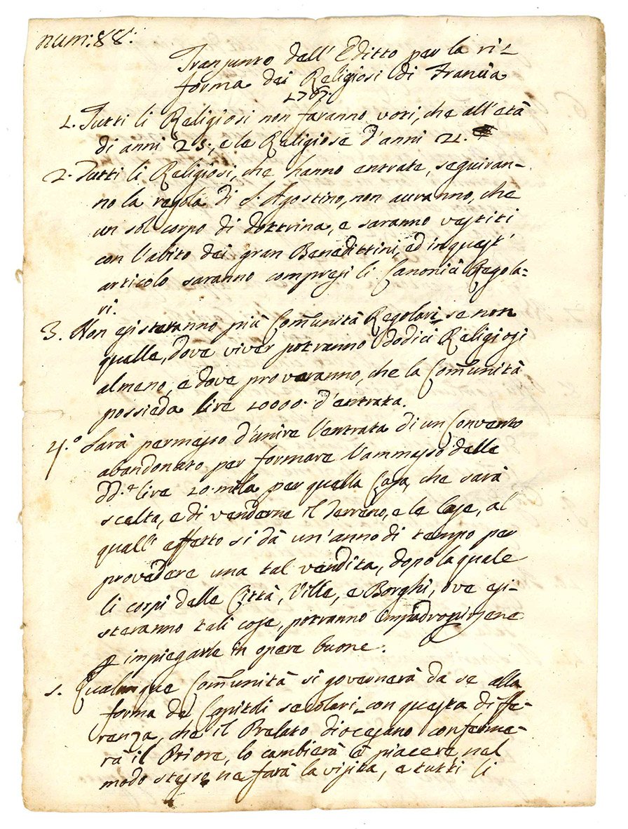 Transunto dell'Editto per la riforma dei religiosi di Francia 1767.