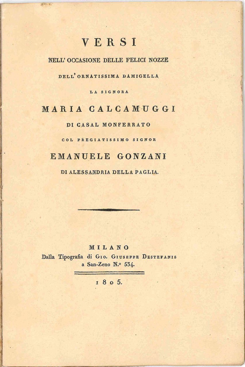 Versi in occasione delle felici nozze dell'onoratissima damigella la signora … | Immagine principale