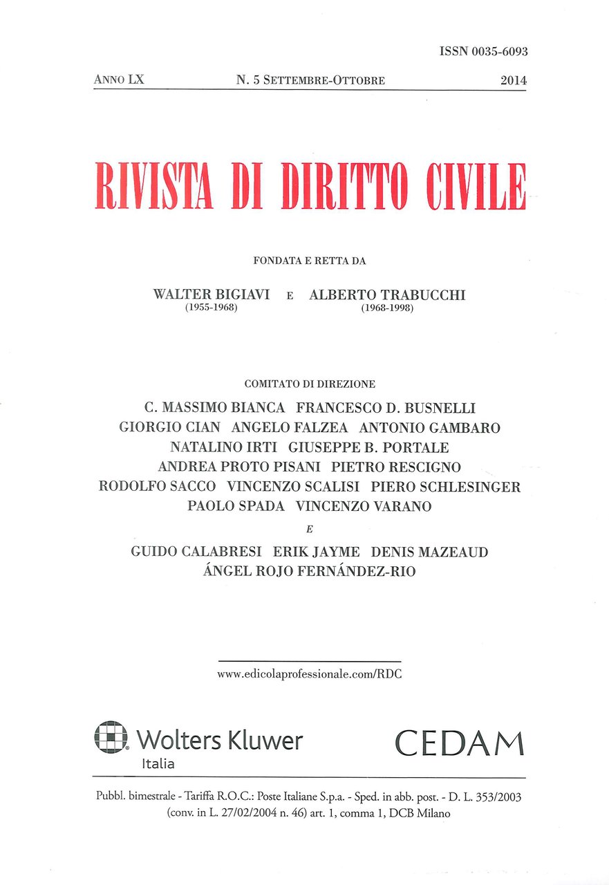 Rivista di Diritto Civile. Anno LX. N. 5 Settembre-Ottobre 2014 | Immagine principale