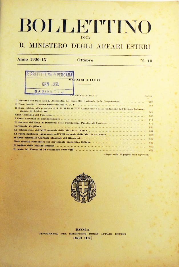 Bollettino del Ministero degli Affari Esteri, n. 10, ottobre 1930