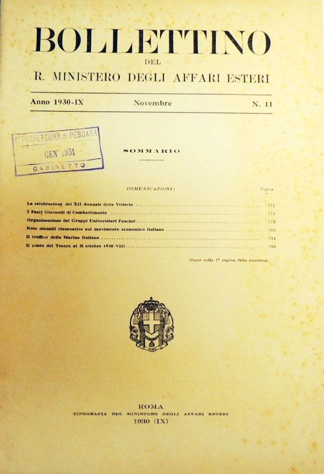 Bollettino del Ministero degli Affari Esteri, n. 11, novembre 1930