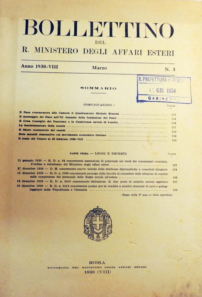 Bollettino del Ministero degli Affari Esteri, n. 3, marzo 1930