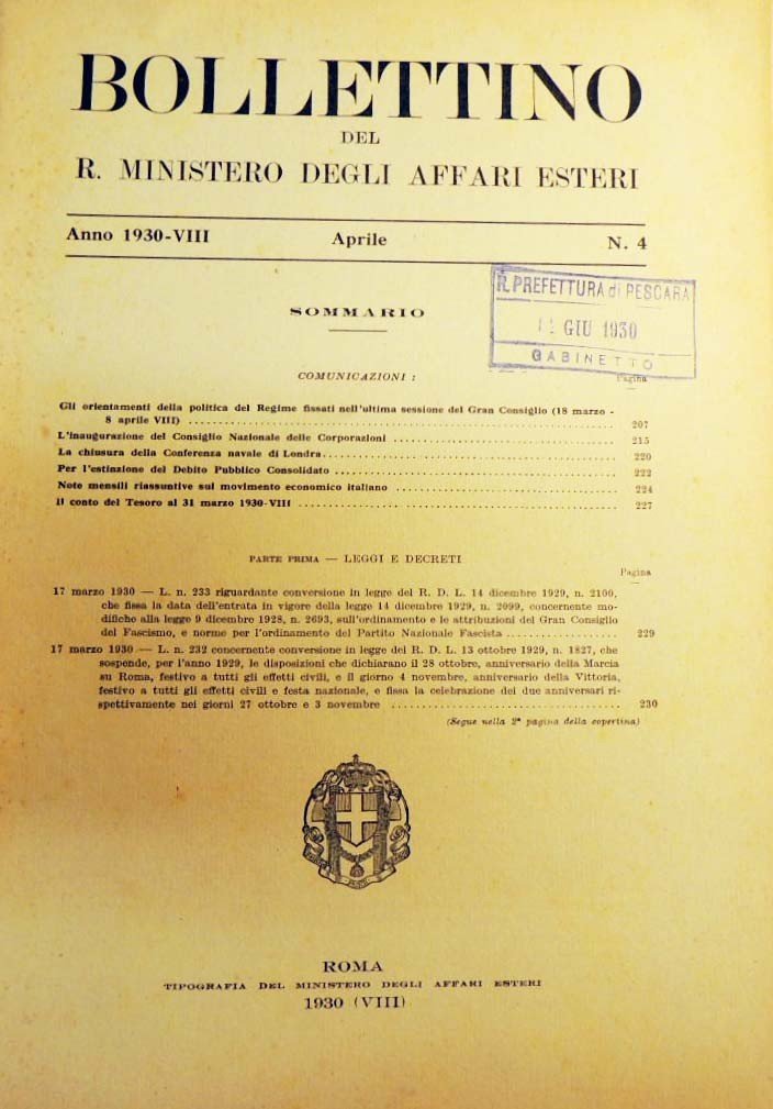 Bollettino del Ministero degli Affari Esteri, n. 4, aprile 1930