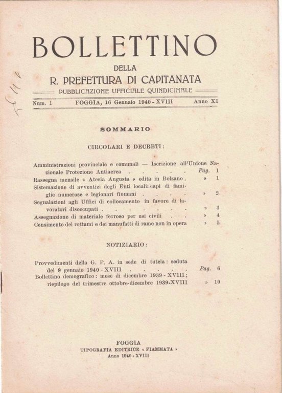 Bollettino della R. Prefettura di Capitanata, aa. X-XI, 1939-1940, 7 …