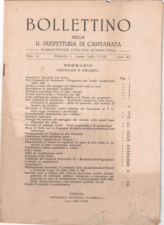 Bollettino della R. Prefettura di Capitanata, aa. X-XI, 1939-1940, 7 …