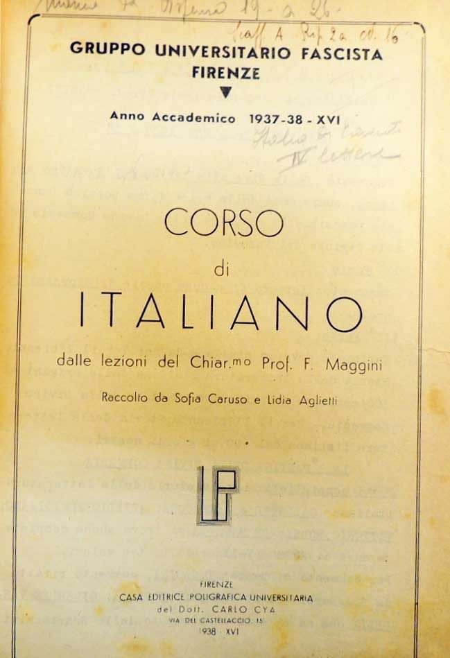 Francesco Maggini, Corso di italiano, a. a. 1937-38, Firenze