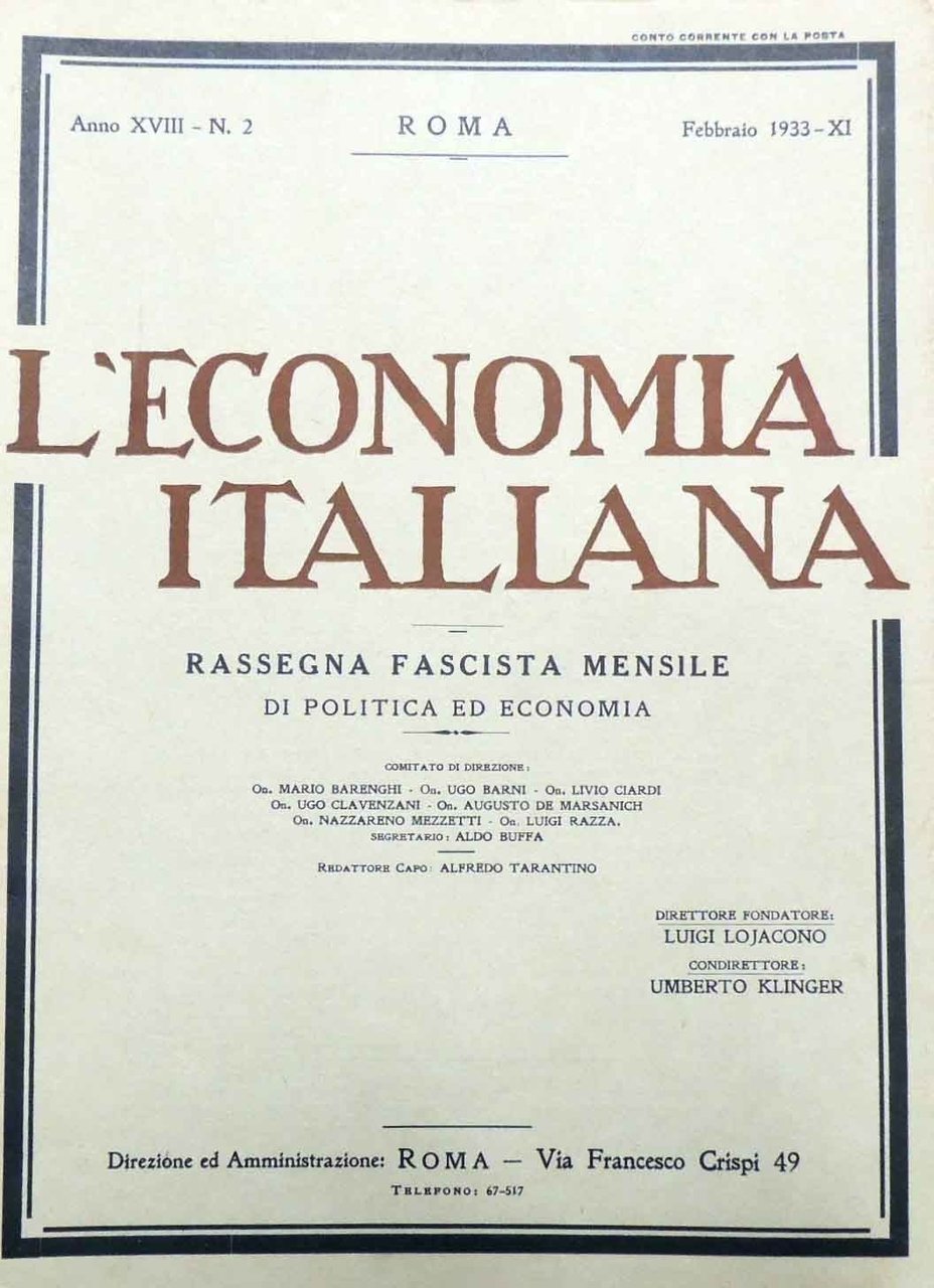 L’economia italiana. Rassegna fascista mensile di politica ed economia, a. …