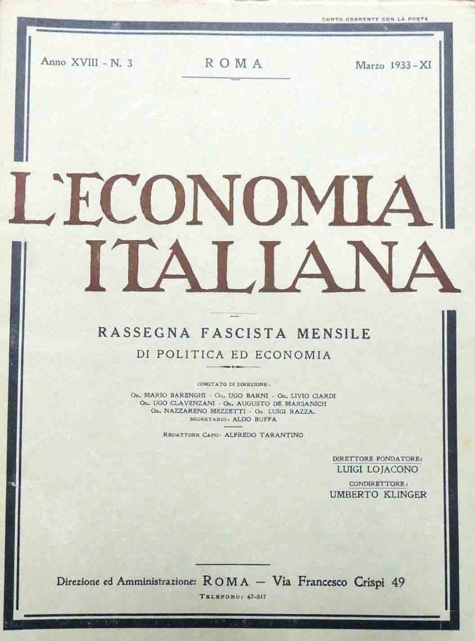 L’economia italiana. Rassegna fascista mensile di politica ed economia, a. …