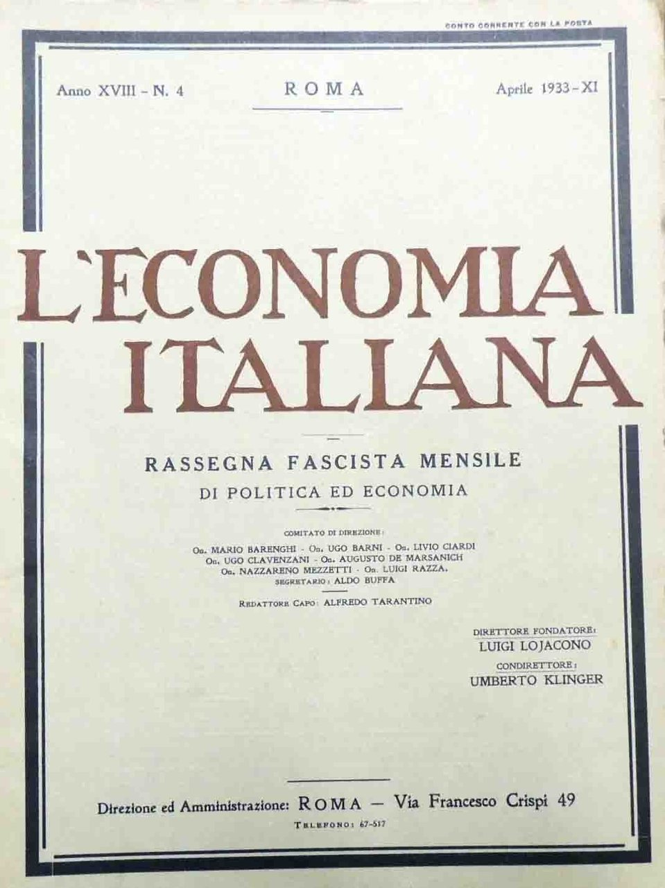 L’economia italiana. Rassegna fascista mensile di politica ed economia, a. …