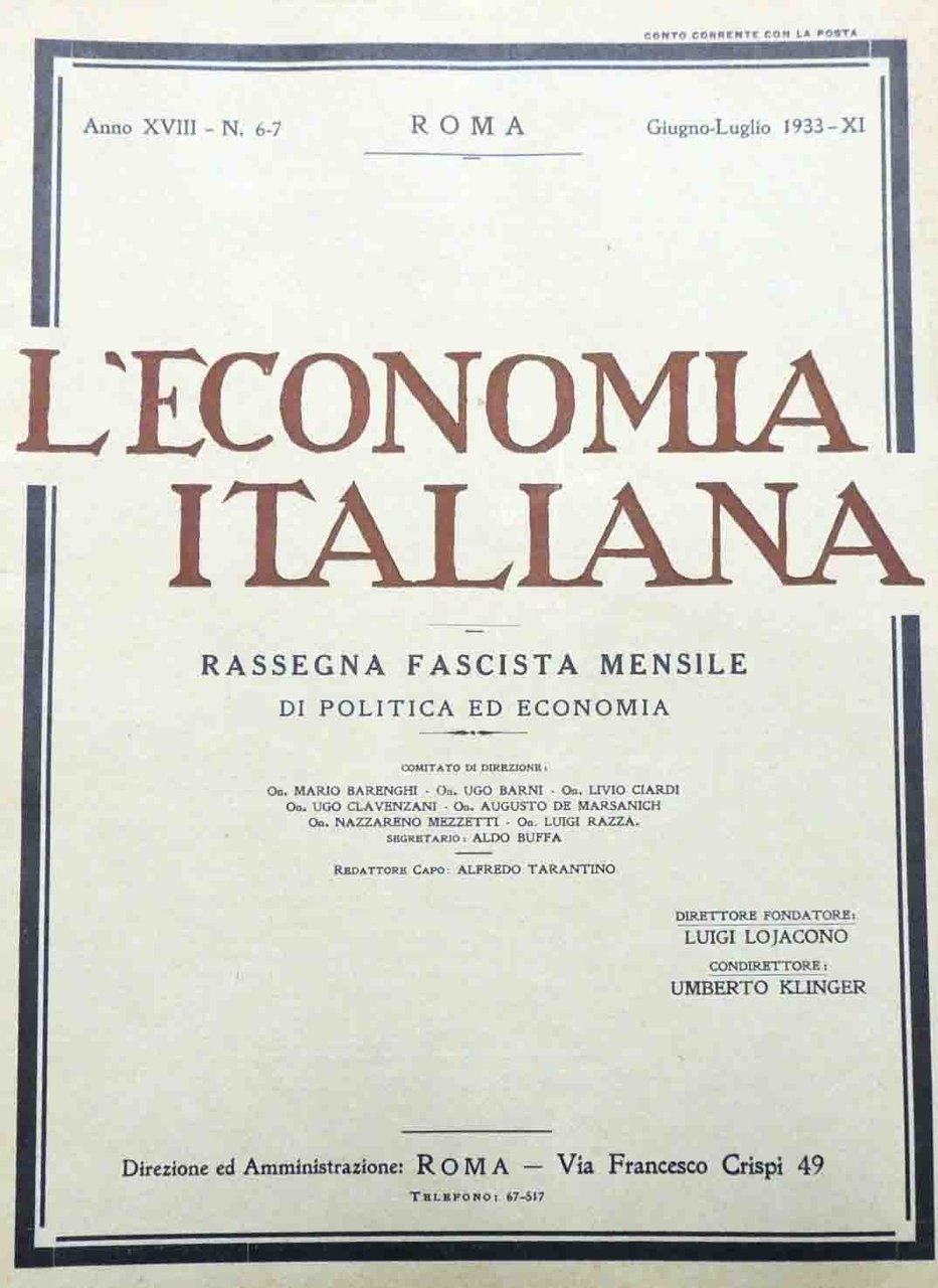 L’economia italiana. Rassegna fascista mensile di politica ed economia, a. …
